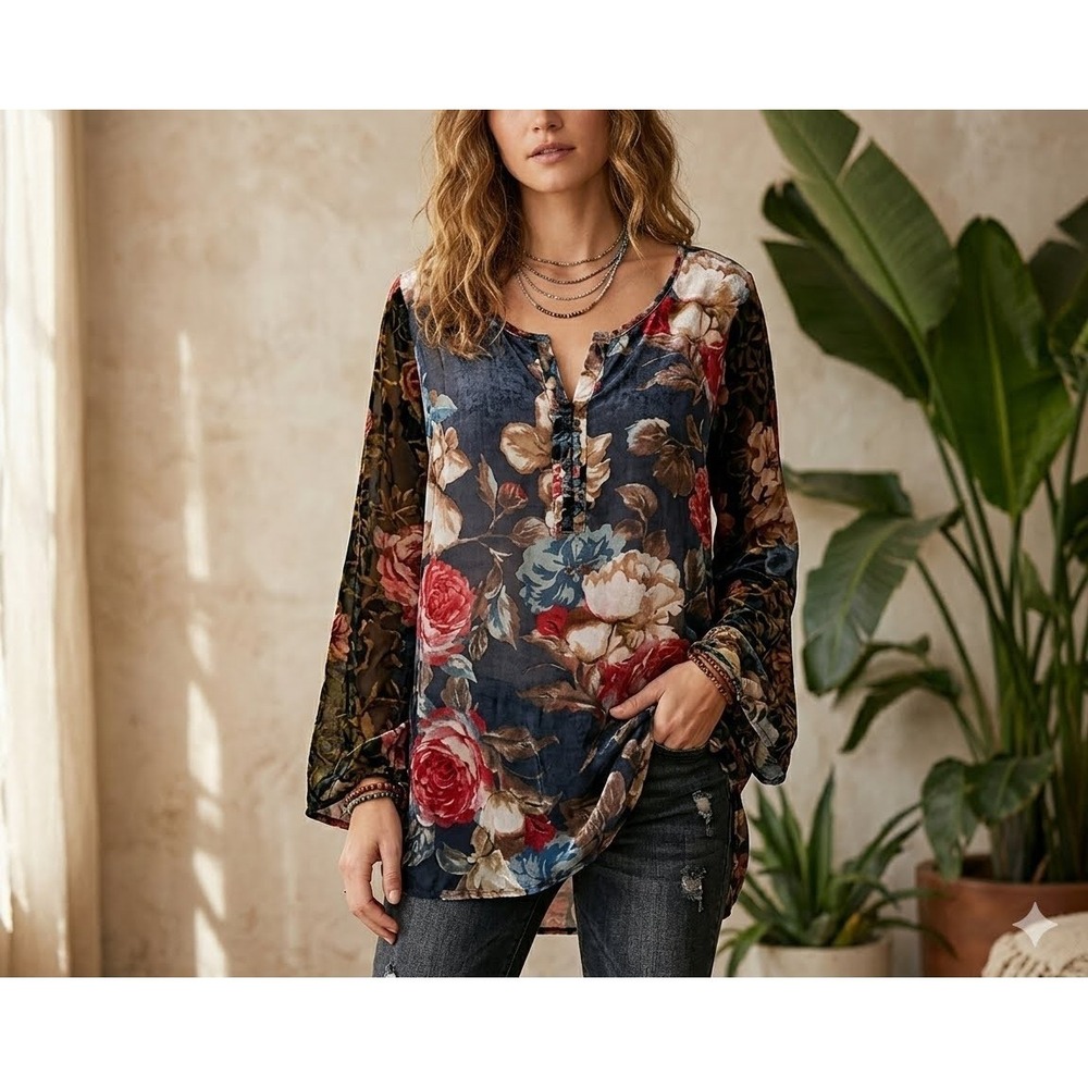 Aratta Silent Journey Floral Boho Velvet Burnout Sheer Top Size L Bell Sleeves